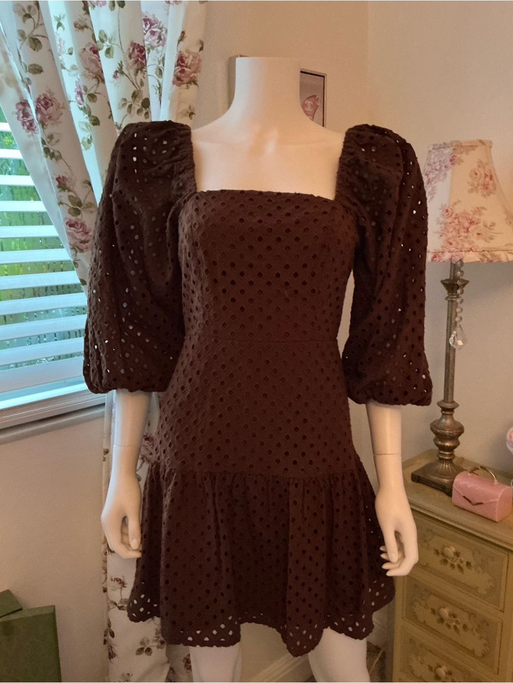 Brown Eyelet Puff-Sleeve Mini Dress